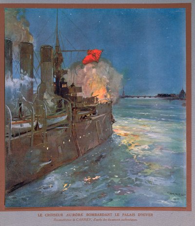 曙光号巡洋舰轰炸冬宫，约 1923-24 年（彩色石版印刷） 作者 乔治·凯瑞