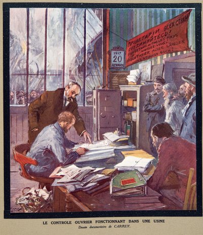 1917 年革命时苏维埃工厂的工人控制，摘自《苏维埃史》，1922 年出版（彩色平版印刷）。1922 年（彩色石印） 作者 乔治·凯瑞