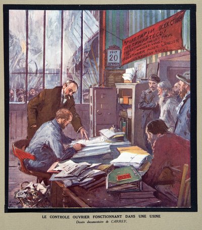 1917 年革命时苏维埃工厂的工人控制，摘自《苏维埃史》，1922 年出版（彩色平版印刷）。1922 年（彩色石印） 作者 乔治·凯瑞