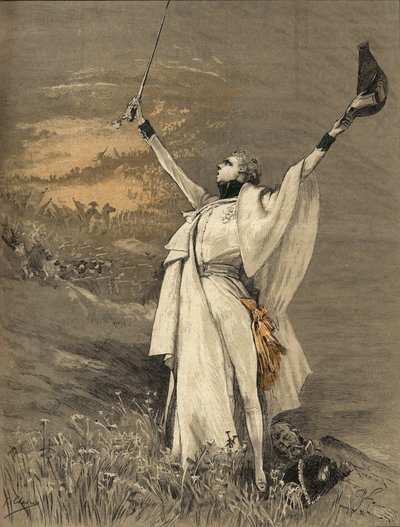 女演员亨丽埃特-罗辛-伯纳德被称为莎拉-伯恩哈特（1844-1923），扮演赖希施塔特公爵（拿破仑一世皇帝（1769-1821）的儿子--"艾格隆"，乔治-儒勒-维克多-克莱林（1843 - 1919）1900年的雕刻。 作者 乔治克莱林