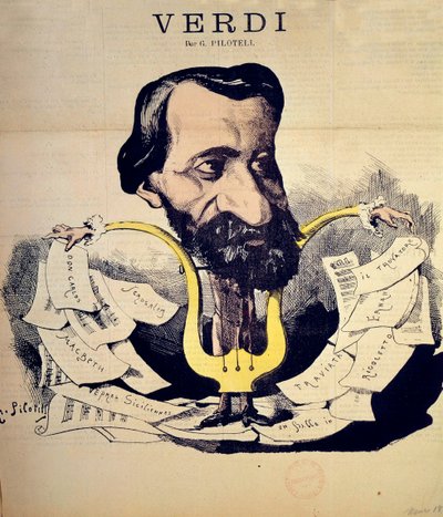 作曲家朱塞佩·威尔第 (1813-1901) 的卡通画，由 Pilotell (1845-1918) 创作，1869 年 3 月。巴黎国立音乐学院 作者 乔治·拉巴迪·皮洛特尔