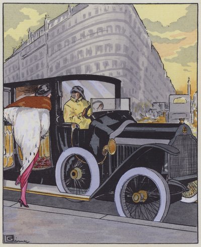 1910 年代的女性时装和 Lorraine-Dietrich 汽车。 （彩色石版画） 作者 乔治·莱昂内克