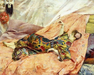 莎拉·伯恩哈特（Sarah Bernhardt）的肖像，斜倚在奇诺瓦室内， 作者 乔治·玛丽·罗什格罗塞（Georges Marie Rochegrosse）