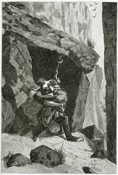 Combat d&39;Han d&39;Islande et d&39;Ordener  - 来自Han d&39;Islande，19世纪的插图（bw雕刻） 作者 乔治·玛丽·罗什格罗塞（Georges Marie Rochegrosse）