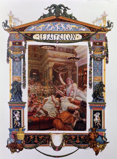 彼得罗尼 (Petronio Arbitro) (Petronius Arbiter) 作品的卷首画：The Satyricon (satyricon)。 Georges-Antoine Rochegrosse (1859-1938) 于 1902 年绘制的插图。米兰人。 作者 乔治·玛丽·罗什格罗塞（Georges Marie Rochegrosse）