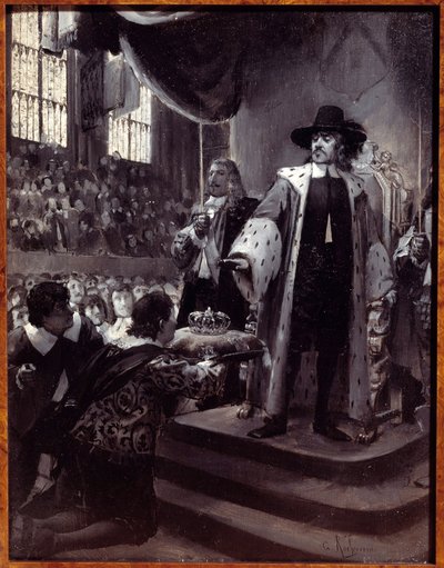 奥利维尔·克伦威尔（Olivier Cromwell，1599-1658）拒绝加冕 1658 年，谦卑请愿和 Avis（新议会）向大不列颠共和国护国公提出加冕。乔治·安托万·罗切格罗斯（Georges Antoine Rochegrosse，1859-1938）在木头上加冕，19 世纪 . 作者 乔治·玛丽·罗什格罗塞（Georges Marie Rochegrosse）