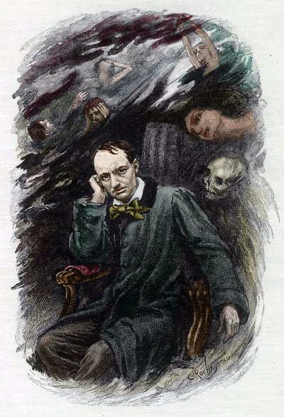 法国诗人查尔斯·波德莱尔（Charles Baudelaire，1827-1861）的肖像围绕着他的鬼魂（法国浪漫主义诗人查尔斯·波德莱尔被鬼魂包围的代表，“邪恶之花”的插图）由乔治·安托万·罗什格罗斯（Georges Antoine Rochegrosse，1859-19）绘制 作者 乔治·玛丽·罗什格罗塞（Georges Marie Rochegrosse）