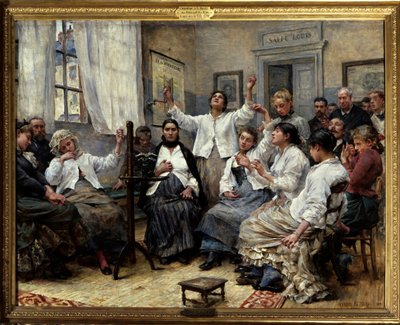 Charity 的魅力（Luys 医生的服务）。 巴黎 Hôpital de la Charite 的场景：病房后面的医生正在监视患有歇斯底里症和其他精神疾病的患者。 墙上有一张关于作为治疗方法的催眠方法的海报 作者 乔治·莫罗·德图尔