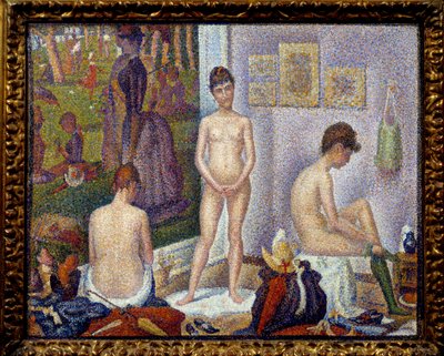 设置，小版本 左边是乔治·修拉（Georges Seurat，1859-1891 年）1888 年私人收藏 - 模型在一起，小版本的画作“在格兰德杰特岛上的一个星期天中午过后”。 左图是“一个星期天的下午 作者 乔治·皮埃尔·苏拉特