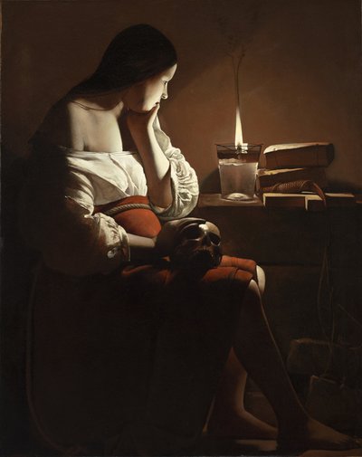 乔治-德-拉图尔 - 约 1635-37 年，《冒烟的马格达林》（The Magdalen with the Smoking Flame）。 作者 乔治·德拉图尔