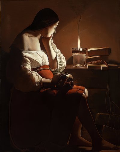 玛丽亚·玛格达琳（Maria Magdalen）抽着烟。约于1638-40 作者 乔治·德拉图尔