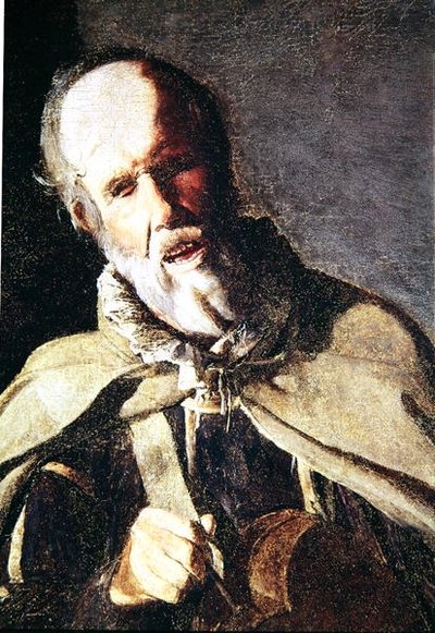 Hurdy Gurdy Player与他的狗，头部细节，1620年代 作者 乔治·德拉图尔