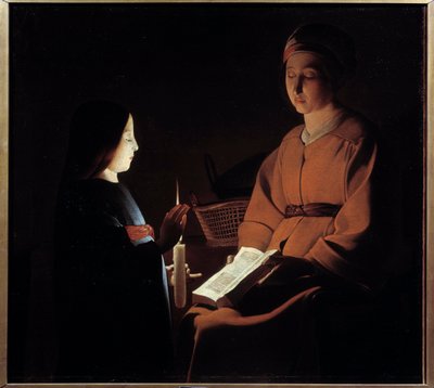 处女的教育。 Georges De La Tour (1593-1652) 的绘画 作者 乔治德拉（游览后）游览