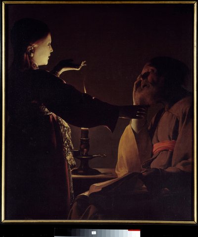 天使出现在圣约瑟夫面前（也被称为圣约瑟夫之梦）。 Georges de La Tour (1593-1652) 的绘画 作者 乔治·德拉图尔