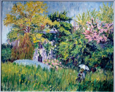 The garden of Bonnieres A reader has under an umbrella in tall grass. Painting by Georgette Agutte (1867-1922) 1909-1910. Oil on canvas, 81 x 100 cm. Grenoble, musee des Beaux Arts - The garden at Bonnieres. A reader under an umbrella in the tall grass. Pa 作者 乔治·阿古特（Georgette Agutte）