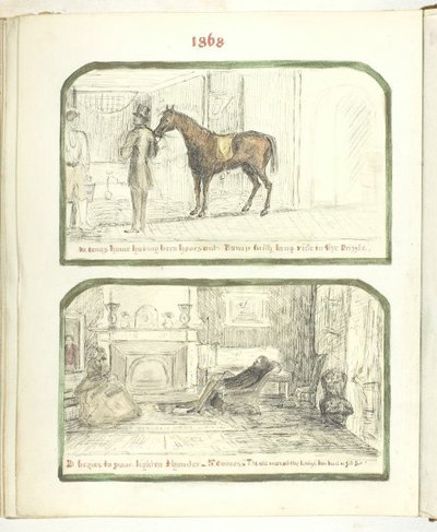 无题[带马的人，和在火堆旁休息的夫妇]，1868年。 作者 乔治娜·考珀