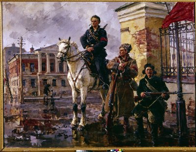 1917 年 10 月俄国革命："十月的最初几天"。1917 年 10 月 25 日，红卫兵和布尔什维克领导的进攻攻占了圣彼得堡的冬宫。乔治（乔治、格奥尔基）的画作 作者 格奥尔基·康斯坦丁诺维奇·萨维茨基