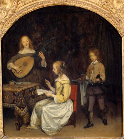 音乐会：Luth Theorbe 的歌手和演奏者。 Gerard Ter Borch (1617-1681) 绘画，荷兰学校 作者 杰拉德·特·博尔赫