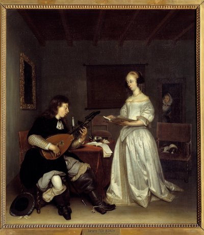 二人组； 歌手和琵琶演奏家 theorbo。 Gerard Ter Borch (1617-1681) 的绘画，荷兰人 作者 杰拉德·特·博尔赫