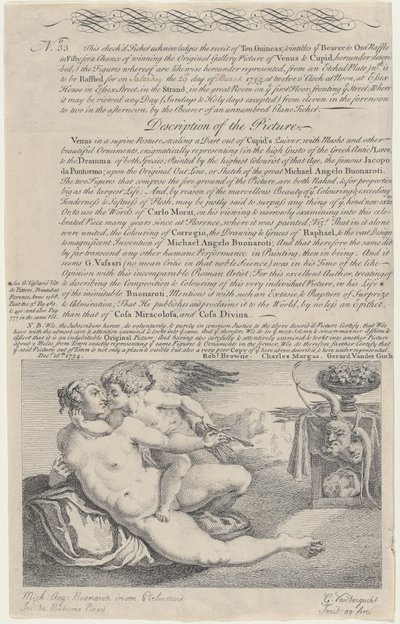 米开朗基罗之后的《维纳斯和丘比特》画作的抽奖券，1734年。 作者 杰拉德·范德古赫特