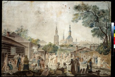 Une cure thermale (Sauna) a Moscou（莫斯科的桑拿浴）。杰拉德-德拉巴特（1787-1810 年间画家）的画作。纸上水彩画，45.7 x 66.7 厘米，1790 年。18 世纪的法国艺术。普希金美术馆私人收藏博物馆 作者 杰拉德·德拉巴特