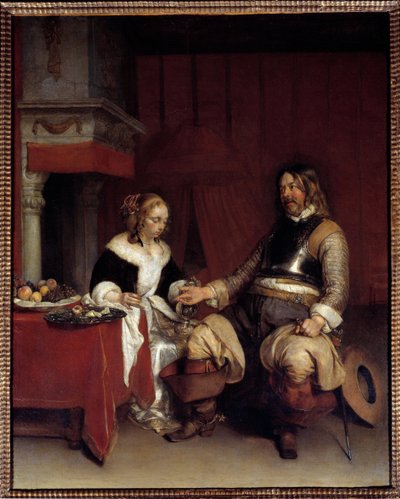 一个男人向其提供金钱的军事英勇或年轻女子。 Gerard Ter Borch (1617-1681) 的绘画，荷兰人 作者 杰拉德·特·博尔赫