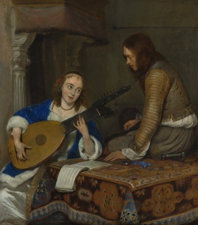 一个扮演Theorbo-Lute和骑士的女人，c.1658 作者 杰拉德·特·博尔赫