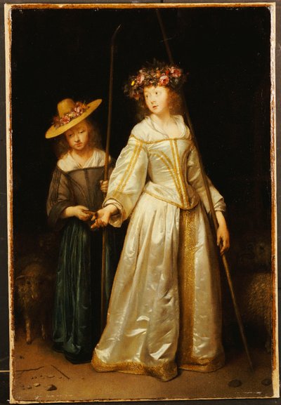 这位画家的姊妹和她的妹妹卡塔琳娜（Catharina）给她长笛，1651年 作者 杰拉德·特·博尔赫