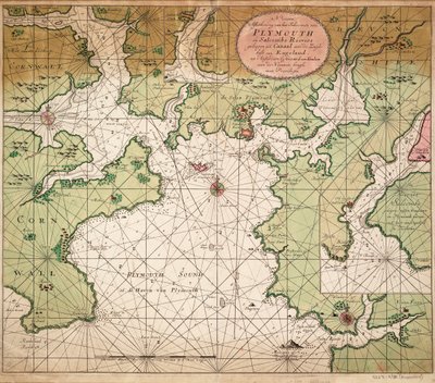 普利茅斯湾海图，摘自格林维尔-柯林斯 1693 年绘制的英吉利海峡海图 作者 杰拉德·范·库伦