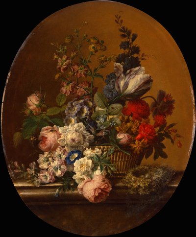 篮子里的花与石磴上的敦煌鸟巢静物（布面油画） 作者 杰拉德范斯潘东克