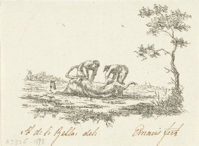 两个剥马皮的人
画家 作者 Gerardus Emaus de Micault（艺术家签名）