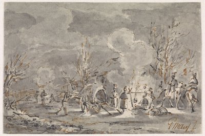 军营，士兵围着篝火 作者 Gerardus Emaus de Micault