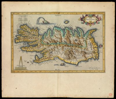 Islandia, Per Gerardum Mercatorem cum privilegio，约 1595 年（墨水、水彩、雕刻、纸张） 作者 杰拉杜斯·墨卡托