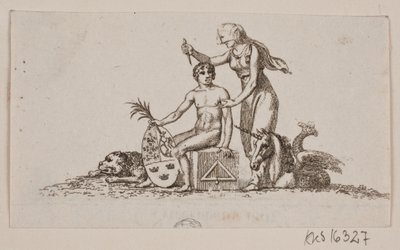 妇女、坐着的年轻人和独角兽的小插图 作者 格哈德·路德维格·拉德