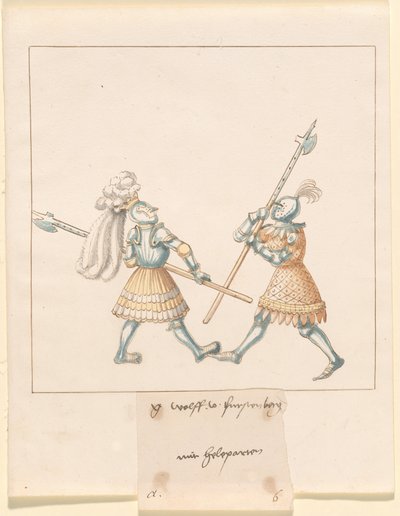 Freydal, 《马克西米利安一世皇帝的比武和锦标赛》：徒步战斗（比武）（第三卷）：G. Wolf von Fürstenberg mit Heleparten, Plate 141 作者 德国 16 世纪