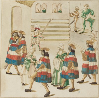 穿着红、白、蓝衣服的男人与他们的伙伴跳舞 作者 German 16th Century