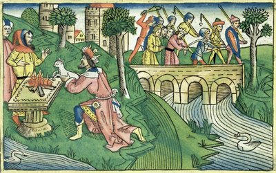 列王纪下16 9-16从纽伦堡圣经（Biblia Sacra Germanaica）（彩色木刻）中取出大马士革人民的俘虏 作者 德国学校
