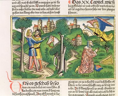 撒母耳记下 20 10 约押杀死亚玛萨，选自 "纽伦堡圣经（Biblia Sacra Germanaica）"（彩色木刻画） 作者 德国学校
