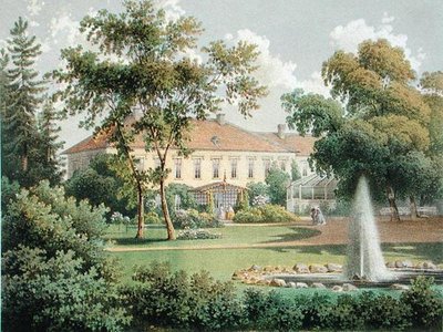 一个德国花园，出自《Die Landlichen Wohnsitze, Schlosser und Residenzen de Ritterschaftlichen Grundbesitzer in der Preussichen Monarchie》，约1852-63年出版（彩色平印）。 作者 德国学校