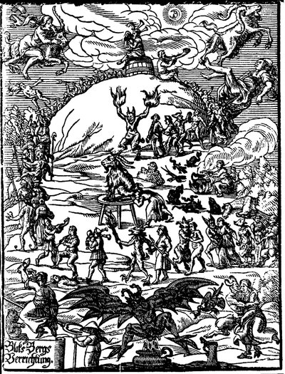 一个安息日仪式，一只代表魔鬼的山羊在中心，被女巫和恶魔包围。 16 世纪的德国版画 作者 德国学校