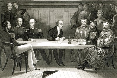 1841年7月4日在HMS Wellesley登上中国官员Bremod和Chang之间的Chusan会议 作者 德国学校