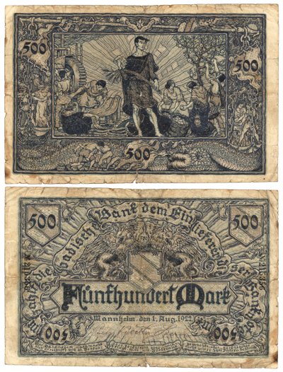 一张500印的钞票，1922年（正面和反面） 作者 德国学校