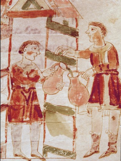 取自 Rabanus Maurus Magnentius（或 Raban Maur 或 Rabano Mauro）卷“”De tabernae”，手稿“De Universo”（或 De rerum naturis (Of the Nature of Things)）（cod. 132）的微型酒商 （约 780-856 年）。 9世纪。 蒙特档案馆 作者 德国学校