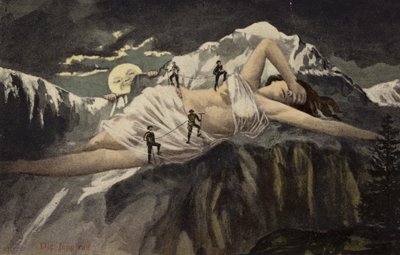 在月亮看起来（拼贴）时登山者攀登山腰的裸体女人 作者 German School