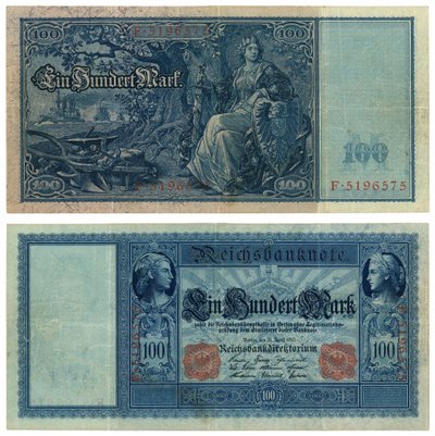 一百唛钞票，1910年（正面和反面） 作者 德国学校
