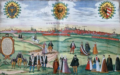 纽伦堡的全景图，前景中穿着当地服饰的人物，摄于1575年 作者 德国学校