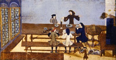 酒馆内部场景，人物饮酒，约1690年（纸上水粉画） 作者 德国学校