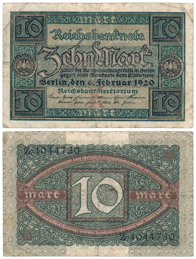 一张十分钞票，1920年（正面和反面） 作者 德国学校