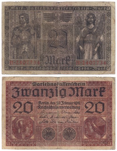 一张二十马克钞票，1918年（正面和反面） 作者 德国学校