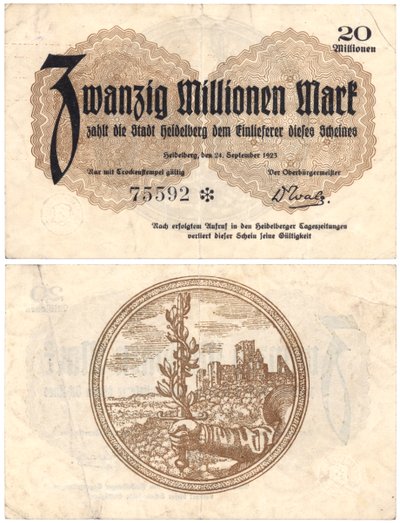 一张二千万大关的钞票，1923年（正面和反面） 作者 德国学校